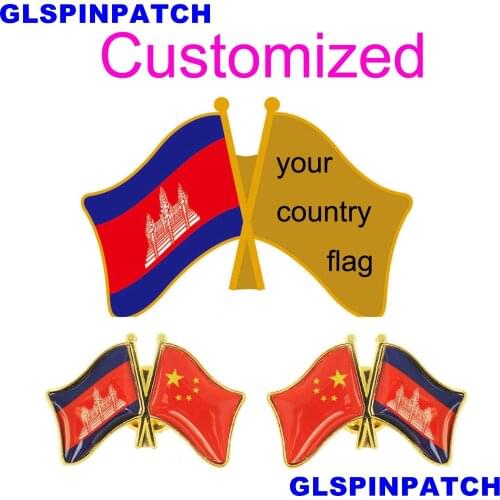 Cambodia Crossed Friendship Flag Double Country lapel pin Brooch USA UK France Chile Russia Saudi Arabia Japan Spain Badge
