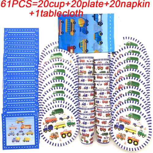 Christmas Cartoon Car Party Plate Napkins Tablecloth Cup Construction Vehicle Birthday Party Supplies Disposable Tableware Set