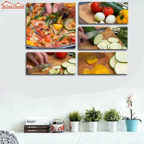 ShineHome-5pcs Canvas Prints Wall Art 3D Fresh Food Vegatable Fruit Cooking Oil Painting Picture Printing Cafe Walls Home Art