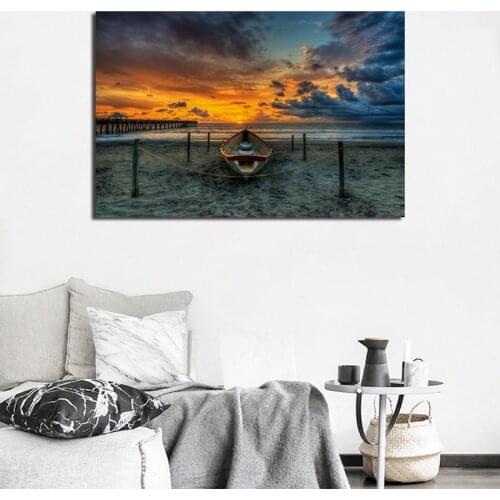 Boat On Beach At Sunset Wall Art Canvas Poster And Print Canvas Painting Decorative Picture Sofa Living Room Home Decor Artwork