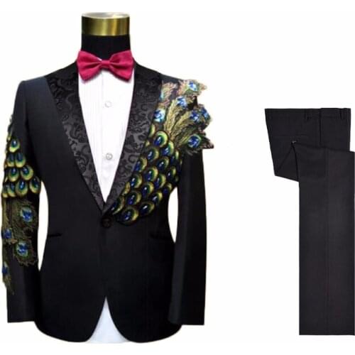 2021 New Mens Wedding Suits Groom Black Peacock Beading Embroidery Tuxedo Suit Stage Ternos Masculinos Slim Fit Costume Homme