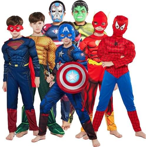 SuperHero Kids Cosplay Costumes Muscle Clothes Hulk Iron Man Captain America Spiderman Childrens Party Halloween Christmas