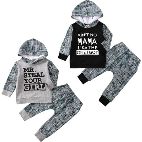 Newborn Infant Fall Clothes Outfits Baby Boys Girls Hooded Long Sleeve Letters Printing Hooded Hoodie Top + Long Pants Trousers