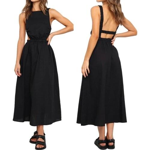 Summer Women Dresses Sexy Sleeveless Backless O Neck Slim Elastic Waist Long Dress Fashion Solid Hollow Out Design A-Line Dress