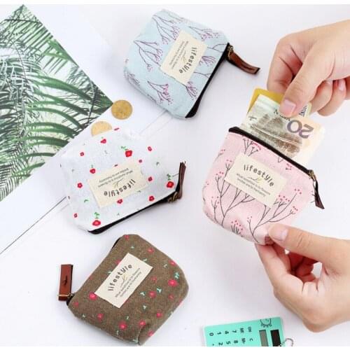 Simple fashion pastoral style mini floral coin purse ladies girl canvas zipper small coin purse key card female wallet
