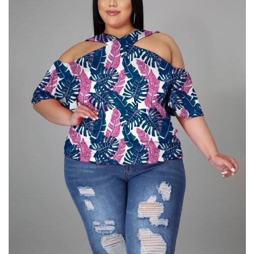 3XL 4XL Plus Size Shirts For Women Fashion Summer 2021 Cold Shoulder Flare Sleeve Printed Causal Daily Wear Tops Shirts Big Size