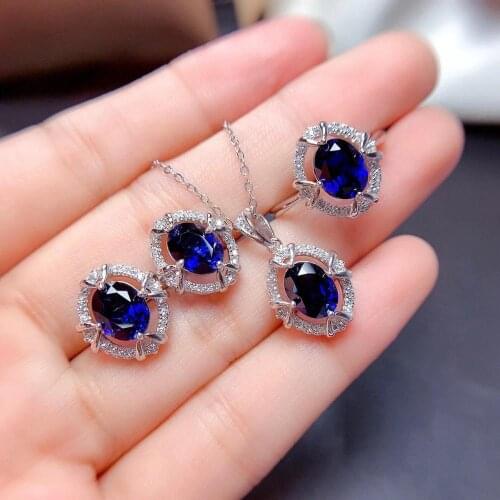 Most Popular Natural And Real Sapphire Set 925 Sterling Silver 1pc Sapphire Ring,2pcs Sapphire Earring,1pc Sapphire Pendant