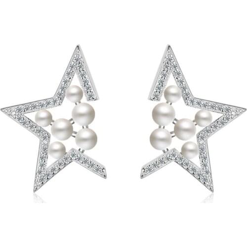 Fine Solid 925 Sterling Silver Pearl Stud Earrings Novelty Star Shaped Party Accessories Bijoux Brincos for Women