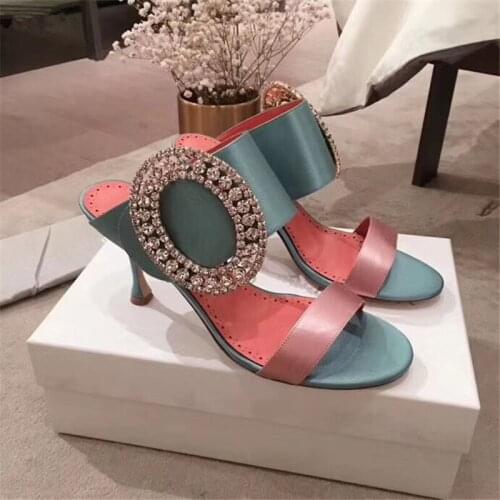 Silk Slippers Women Summer Shallow Thin High Heels Flat Outdoor Solid Color Sexy Popular Luxury Brand Circle Crystal Black Shoes