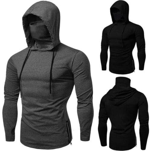 Hot Men Autumn Casual Gym Thin Long Sleeve Hoodie Face Cover Solid Color Sweatshirt Streetwear