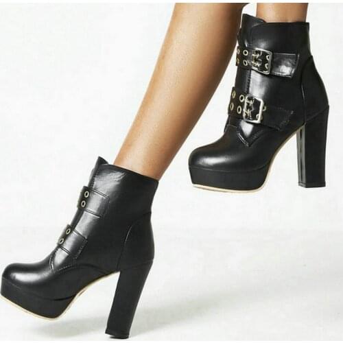 2021 PU Leather Women Ankle Boots Platform Square High Heel Ladies Short Boots Round Toe Buckle Womens Shoes Black Purple Pink