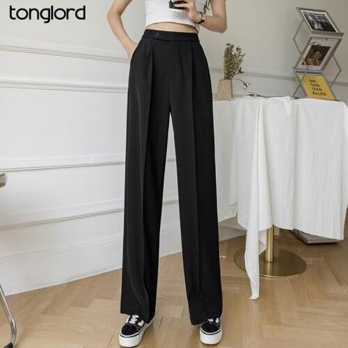 Women Elegant Wide Leg Pants 2021 Spring Summer Elastic High Waist Office Ladies Straight Suits Pants Female Long Trousers New