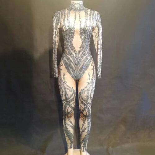 Fashion Black Printed Long Sleeves Stage Jumpsuit Sparkly Rhinestones Bodysuit Costume Prom Birthday Celebrate Performance Wear