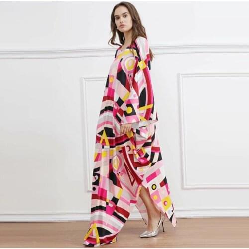 Runway Fashion Women Spring Summer Batwing Sleeve V-Neck Geometric Print Loose Casual Maxi Long Dress