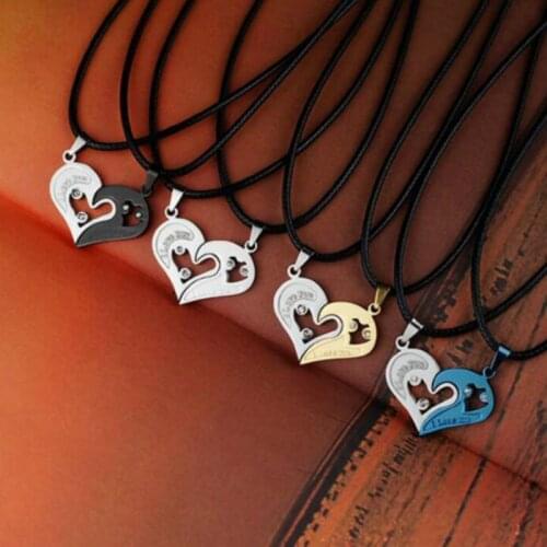 1 Pair Fashion Heart Shape Necklace I Love You Pendant Necklace Valentines Day Gift for Boyfriend Unisex Lovers Couples Jewelry