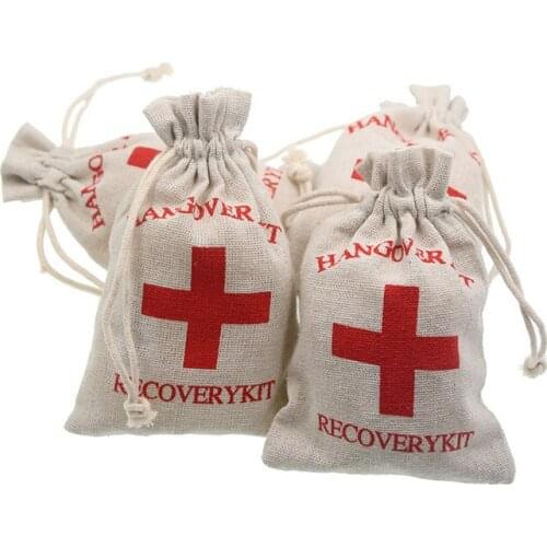 10PCS Red Cross Printed Christmas Linen Jute Drawstring Gift Bags Wedding Party Favor Pouch Jute Gift Packaging Bags
