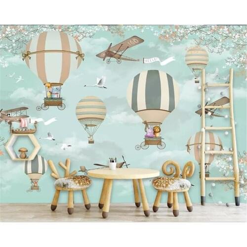 Beibehang Custom 3d wallpaper Mural Cartoon hot air balloon aircraft Blue sky animal Hand Painted wallpaper for kids room behang