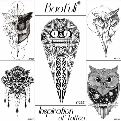 BAOFULI Men Temporary Tribal Owl Totem Tattoo Black Round Sharp Pointed Waterproof Tatoo Triangle Sleeve Body Art Tattoo Sticker