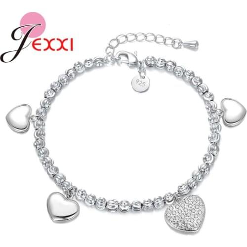Romantic Solid Heart Shape Pattern Bracelets For Women Girls Pretty Birthday Party Gifts Real 925 Sterling Silver Crystal