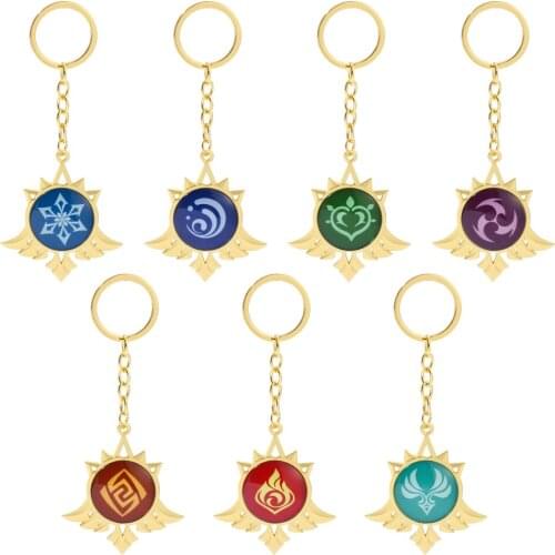 Popular Anime Genshin Impac Round Keychain Game Seven Elements Luminous Car Pendant Key Chain Creative Accessories Gift