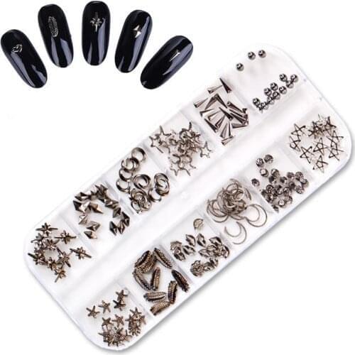 Black Metal Matte Rivet Studs 3D Nail Decorations Star rectangle Square Tips Manicure Nail Art Decorations