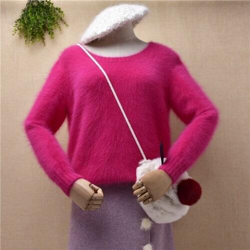 Ladies women fashion hairy mink cashmere knitted long sleeves slim blouses pullover angora rabbit hair jumper sweater pull tops