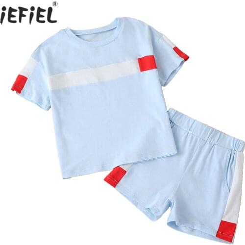 Kids Boys Girls Patchwork Cotton O-neck Loose Sports Tops +High Waist Shorts Outfits Gymnastics Tracksuits Sportswear