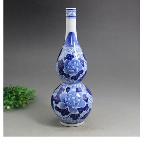Artesanía de porcelana antigua hecha a mano azul y blanco de porcelana en forma de calabaza florero de peonía piezas de muebles