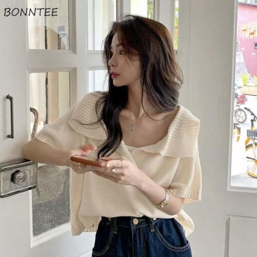 Short Sleeves T-shirts Women Ulzzang Striped Loose Casual Summer Turn Down Collar All Match Design Tops Gentle College Street