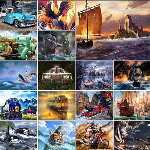 Full square 5d diamond painting kit set Tiger landscape train ship car dog complet embroidery Cross stitch mosaic dirll drawing