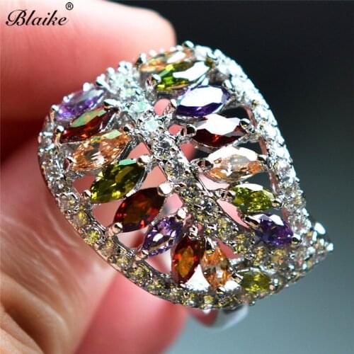 Blaike Charm Multicolor Zircon Leaf Shaped Rings for Women Silver Color Colorful Birthstone Ring Fashion Jewelry