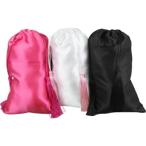 Plain white/pink/black women virgin hair extensions packaging satin silk bags with luxury tassels,gift packing drawstring bags