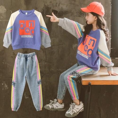 Girls Tracksuits 8 10 12 years Jeans Outfit Spring Autumn Color Stripe Set Casual Two-Piece Clothing