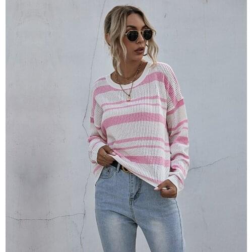 Spring Autumn Women Sweaters O-Neck Pullovers Long Sleeve Loose Striped Knitted Sweater Top Clothing jumper