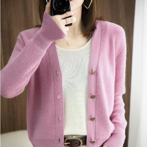 Spring and autumn new style 100% pure wool sweater cardigan womens V-neck jacket pure color sweater with cashmere knitted botto