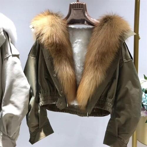 Short jacket 100% real fox fur collar coat real Lamb wool fur liner 2021 women winter fashion coat Streetwear Outerwear