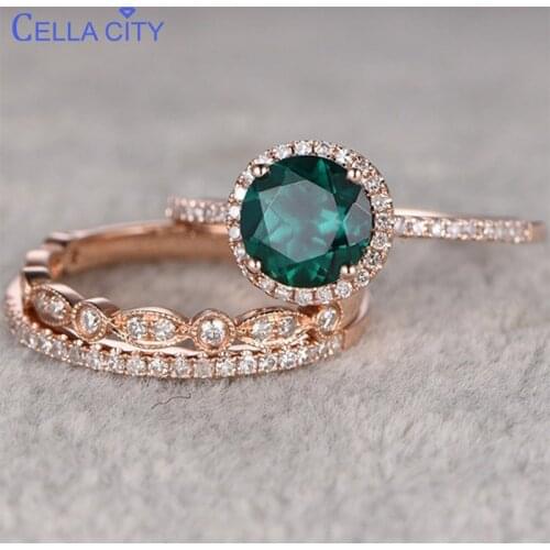 Cellacity 925 Silver Ring for Women With Round Emerald Gemstones Rose Gold Color Stackable Double Rings Sets Fine jewelry Gift