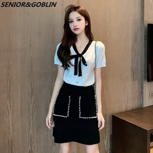 2 Piece Set Sweater Knitted Skirts Suits Women 2020 Summer Bow Tie Hit Color Short Sleeve Tops Pearls Pockets Skirt Outfits