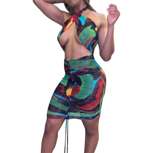 Female Dress, Tie-Dyed Halter Neck Sleeveless Hollow Out with Drawstring for Summer, S/M/L