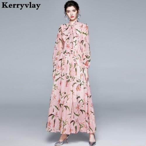Autumn Long-Sleeved Lily Floral Printed Holiday Dress Ropa Mujer Verano 2021 Women Beach Midi Party Dress Roupas Femininas K8830