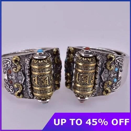 100% Real 925 Sterling Silver Mens Buddhist Buddha Ring Good Fortune Mantra Statement Ring Turquoise Prayer Wheel Finger Ring