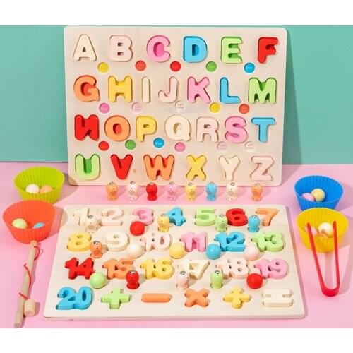 3 in 1 Baby Montessori Educational Toys Wooden Fishing Counting Numbers Alphabet Magnetic Puzzle Matching Shape Games