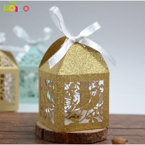 50pc Romantic Wedding favors box glitter metallic rose gold navy blue Candy Gift Boxes Wedding Party Candy Box with Ribbon New