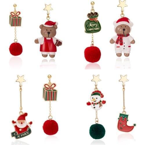 Asymmetrical Star Bear Irregular Plush Ball Drop Earrings For Women Christmas Fashion Cute Santa Clause Deer Earring Jewelry