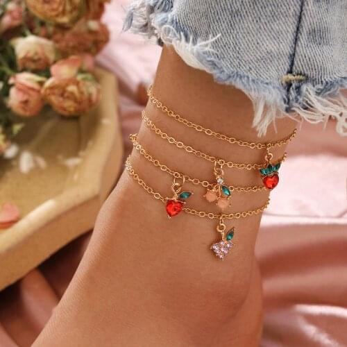 Hot Bohemian Crystal Fruit Anklet For Women Accessories Gold MultiLayers Leaf Barefoot Sandals Foot Leg Bracelet Jewelry Gift