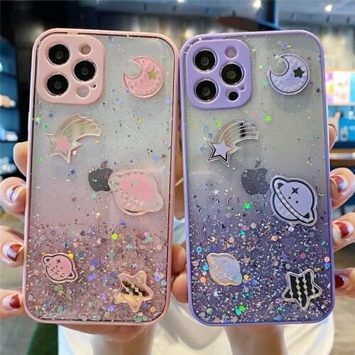 Glitter Planet Stars Phone Case For iPhone 12 11 Pro Max XR XS Max X 7 8 Plus 12 Pro Clear Camera Protection Bumper Back Cover
