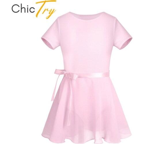 ChicTry Kids Cotton Short Sleeve Ballet Gymnastics Leotard with Ballet Tutu Chiffon Dance Skirt Set Children Girls Dance Costume