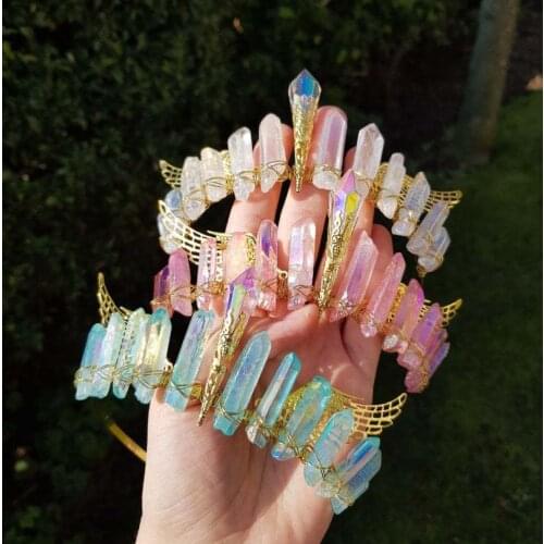 Handmade custom natural crystal crown electroplating multicolored crystal crown golden wings bridal headband gift