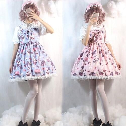 Afternoon Tea Dessert Club Cute Girls Lolita Dress Sleeveless JSK Dress Kawaii Bow One Piece Fancy Dress Pink & Violet