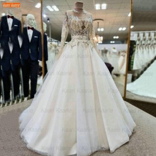Fashion O Neck Wedding Dress 2021 Long Sleeves vestidos de noiva Lace Appliqued fluffy Bridal Dresses Ball Gown abito da sposa